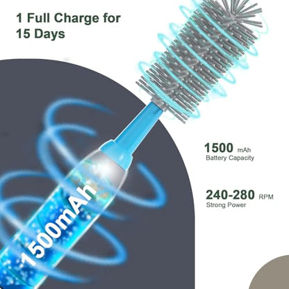 Electric Baby Bottle Brush Cleaner with Extended Handle & Drying Holder, Baby Bottle Brush Set with Silicone Bottle/Nipple/Crevice/Brush,Straw Cleaner,Lifesaver Automatic Bottle Cleaner,Gray - color: Gray White