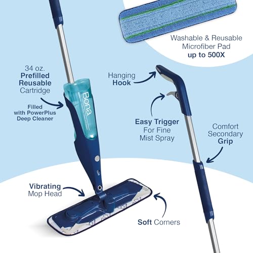 Bona PowerPlus Premium Motion Spray Mop for Hardwood Floors - Includes PowerPlus Hardwood Floor Cleaning Solution and PowerPlus Microfiber Cleaning Pad - Vibrating Spray Mop for Wood Floors - style: PowerPlus