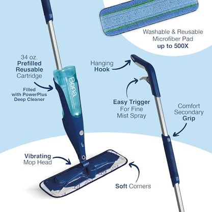 Bona PowerPlus Premium Motion Spray Mop for Hardwood Floors - Includes PowerPlus Hardwood Floor Cleaning Solution and PowerPlus Microfiber Cleaning Pad - Vibrating Spray Mop for Wood Floors - style: PowerPlus