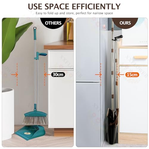 Broom and Dustpan Set with Long Handle, Light Weight Stainless Steel Poles Stand Upright Dustpans with Broom Combo for Home Kitchen Office Pet Dog Hair, 1-Pack (Black Brown) - color: Black Brown