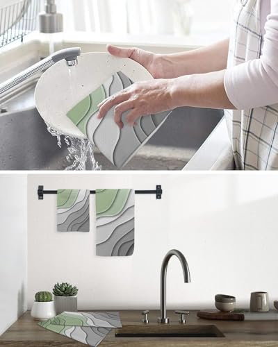 Modern Abstract Dish Towels Set,Waffle Weave Kitchen Towels 2 Pieces,Microfiber Hair Face Bath Tea Towel Absorbent Quick Drying Cleaning Dish Cloths,Ombre Sage Green Geometric Line 12""x12"" - color: Sage Green, size: 2PCS,12"x12"