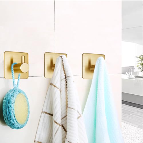 Fotosnow Gold Adhesive Hooks 15LB (Max), Non Tarnish Sticky Hooks for Hanging Towels, Coat, Backpack, Purse, Hat, Key, Self-Adhesive Towel Holder for Shower Closet Bathroom-4 Packs - color: Gold