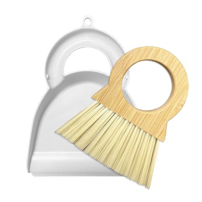 Mini Broom and Dustpan Set Bamboo Broom with Dustpan Combo Set Portable Hand Sweeper for Office Kitchen Dorm Home Quick Cleanups (White) - color: White