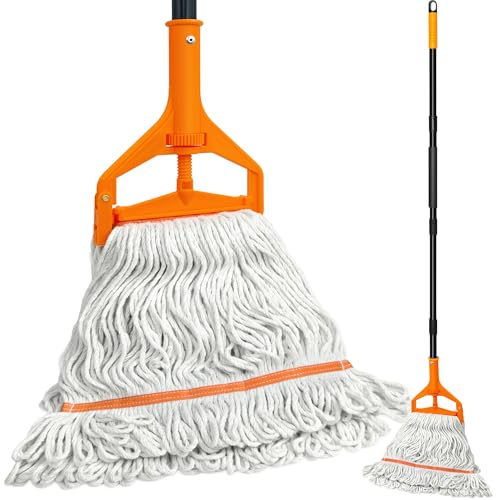 TidyBliss Commercial Mop Heavy Duty, 55 inches Long Handle Large Looped-End Industrial String Floor Cleaner, Professional Dry Wet Cotton Cleaning Tool for Concrete Tile Hardwood Office Garage (Orange)