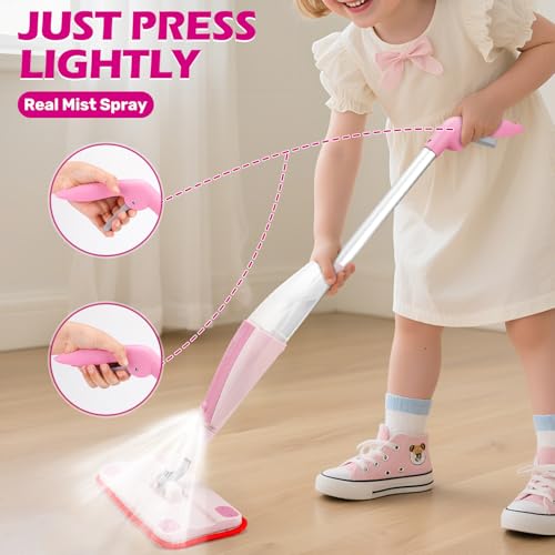 Dreamon Kids Spray Mop - Real Working Toddler Cleaning Set with Water Sprayer & 3 Washable Mop Pads & Scraper, Pretend Play Montessori Housekeeping Toys Gifts for Toddlers Kids Girls Boys(Pink) - color: Pink