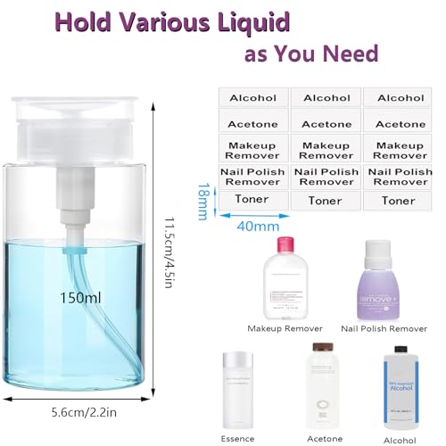 Push Down Pump Dispenser, 5.1oz Clear Pump Bottles with Alcohol, Acetone, Nail Polish Remover, Makeup Remover, Toner Stickers Empty Push Top Container for Liquid (150ml-2Pack) - size: 150ml-2pack