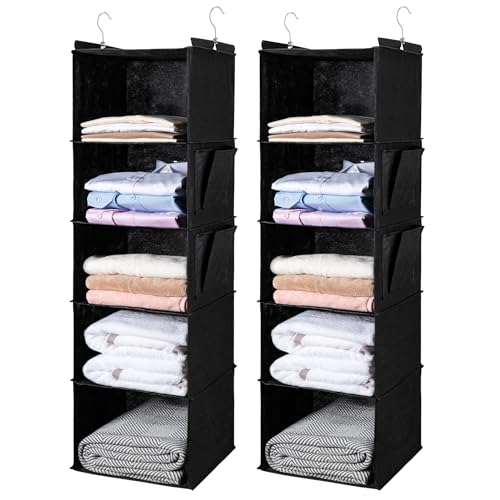 BOOMIBOO Hanging Closet Organize and Shelves，5-Hanging Shelf with 2 Side Pockets，Storage Foldable （2 Pack,Black） - color: Black, size: 2