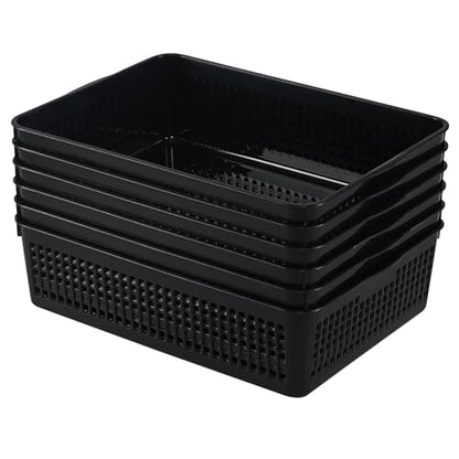6 Pack A4 Size Shallow Plastic Storage Baskets, Black | Classroom Desktop Paper File Letter Organizer Basket Tray