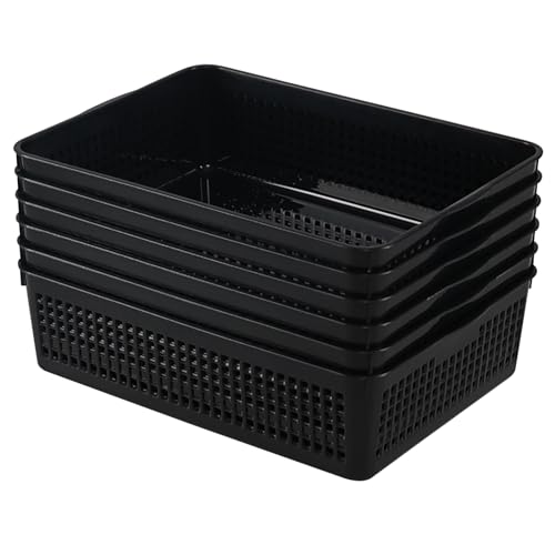 6 Pack A4 Size Shallow Plastic Storage Baskets, Black | Classroom Desktop Paper File Letter Organizer Basket Tray