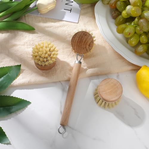 Kifmurase Bamboo Dish Brush with Handle, 10 Pcs Replacement Heads Wooden Kitchen Brush for Dishes, Vegetable Brushes Dish Scrubber for Cleaning Kitchen Room Vegetable Pots and Pans