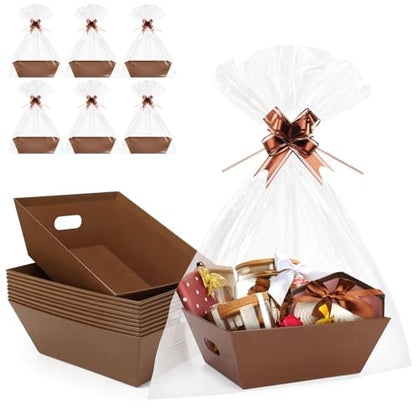AFOROEOA 10PACK Baskets for Gifts Empty, 10x12”Thick Brown Gift Basket with Handles 10 Bows 10 Bags Empty Gift Baskets for Christmas Thanksgiving Wedding Birthday Party Wrapping Gift - color: 10PACK Brown