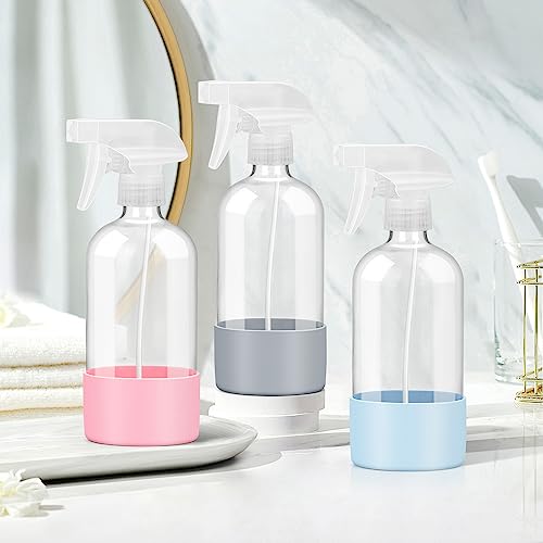 Rionisor Glass Spray Bottles with Silicone Sleeve Protection, Empty 16 oz Refillable Containers, Reusable Spray Bottles with Adjustable Nozzle for Hair, Cleaning Solutions, 3 Pack Grey&Blue&Pink - color: Grey&Blue&Pink, style: 3 Pack