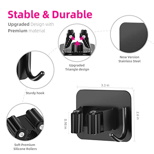 Broom and Mop Holder, Super Anti-Slip Wall Mount, Self Adhesive Gripper for Bathroom, Garage and Laundry Room Storage, Black