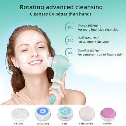 UMICKOO Face Scrubber Exfoliator,Facial Cleansing Brush Waterproof with LCD Screen,Blackhead Remover Vacuum with 5 Brush Heads,Face Spin Brush for Exfoliating (Mint-Green) - color: Mint-green