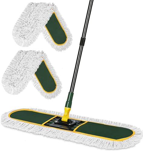 BUVE 24 Inch Commercial Dust Mop Heavy Duty, Dry Wet Dust Broom | 2 Cotton Mop Pads,60 Extendable Handle for Hardwood Floor Laminate Tile Concrete Cleaning,Home Garage Warehouse Use - color: Green, size: 24" mop