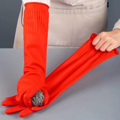 [1 Pair Red Latex Gloves] 1 Pair Extended Red Latex Rubber Household Cleaning Gloves | for Kitchen, Dishwashing and Laundry - color: Red