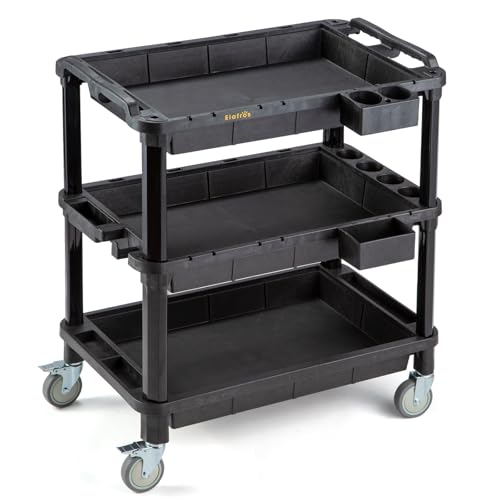 ELAFROS Multi-Use Utility Cart - 32.4x18.3 Heavy-Duty Service Cart with 3 Deep Shelves, Industrial-Grade Tool Cart Mobile Organizer, Rolling cart Holds up to 500 lbs, Black - style: Standard