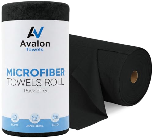 Avalon Towels Microfiber Cleaning Cloth Roll (Value Pack of 75) - Size 12x12 Inches, Tear Away Microfiber Towel Rolls, Highly Absorbent, Reusable, Lint and Streak Free Cleaning Rags for Home - color: Black
