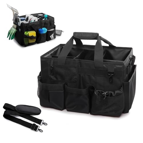 Large Cleaning Caddy Bag with Built-in Support Board, Wearable Cleaning Supplies Organizer with Adjustable Shoulder Strap & Waist Belt, Waterproof Heavy Duty Tote for Housekeepers Car Detailing - color: Black