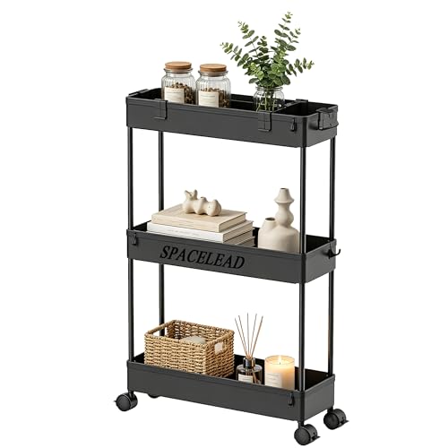 SPACELEAD Slim Storage Cart 3 Tier,Bathroom Organizer Rolling Utility,Mobile Shelving Unit Slide Out for Office, Kitchen, Laundry Room & Narrow Places,Black - color: Black