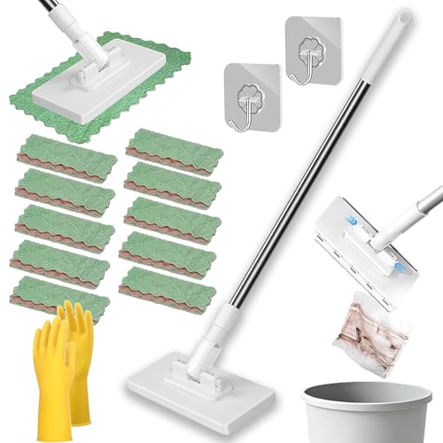 Snap Grip Minimop, No Wash Mop with Zero Touch Clip, Retractable Mini Mop for Gaps and Corners, Wet Dry Flat Mops with Locking Head for Home Multi Surface Cleaning (with 10 Reusable Cloths) - color: With 10 Reusable Cloths