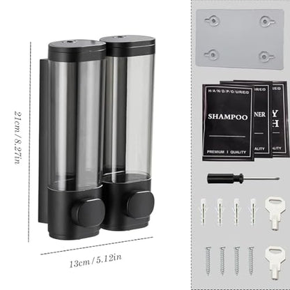 2-Chamber Black Wall Mounted Soap Dispensers, 10oz/300ML Refillable Shampoo Conditioner Shower Dispenser No Drill, Clear Plastic Manual Pump Dispenser for Bathroom Hotel Kitchen - color: 2-chamber Black
