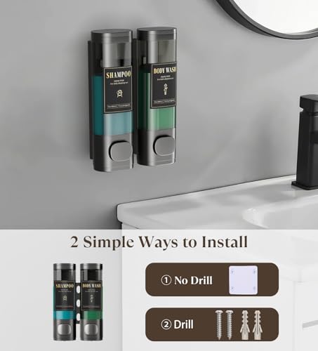 Luxspire Shampoo and Conditioner Dispenser, No Drill Wall Mounted Shower Soap Dispenser 2 Chamber with Waterproof Labels, Easy Refill Soap Dispenser for Bathroom Hotel Kitchen, Gray - color: Gray, size: 2 Chamber