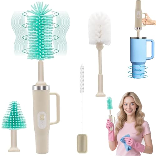 5 in 1 Electric Bottle Brush Cleaner Compatible Stanley Bottle Brush Straw Cleaner Multifunction Rechargeable IPX6 Waterproof Extra Long Design for Stanley Cup, Sports Bottle and More (Beige) - color: Beige