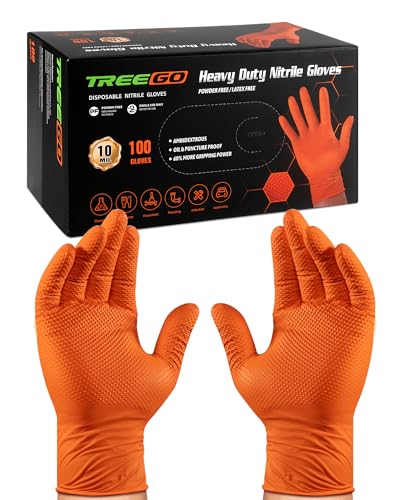 TREEGO Heavy Duty Orange Nitrile Gloves 10 Mil Disposable Rubber Work Gloves - Double Diamond Grip, Mechanic Rubber Gloves for Automotive & Industrial Use, Latex Free, 100 Count Medium - color: Orange 100, size: Medium