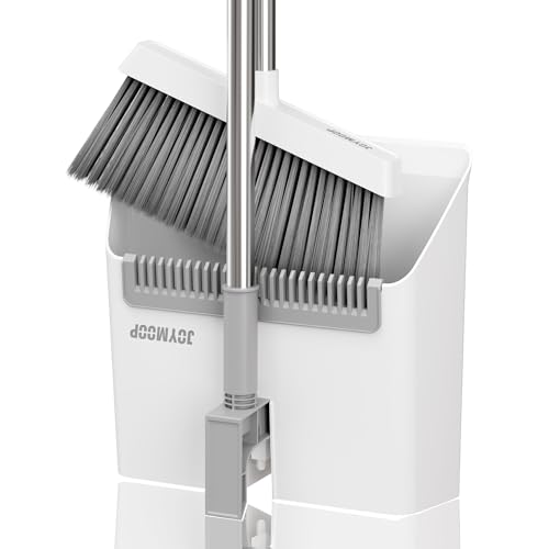 JOYMOOP White Broom and Dustpan Set, Upright Angle Design with Built-in Comb Teeth for Kitchen, Office, Pet Hair, Hard Floors - color: White & Grey