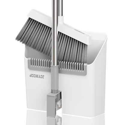 JOYMOOP White Broom and Dustpan Set, Upright Angle Design with Built-in Comb Teeth for Kitchen, Office, Pet Hair, Hard Floors - color: White & Grey
