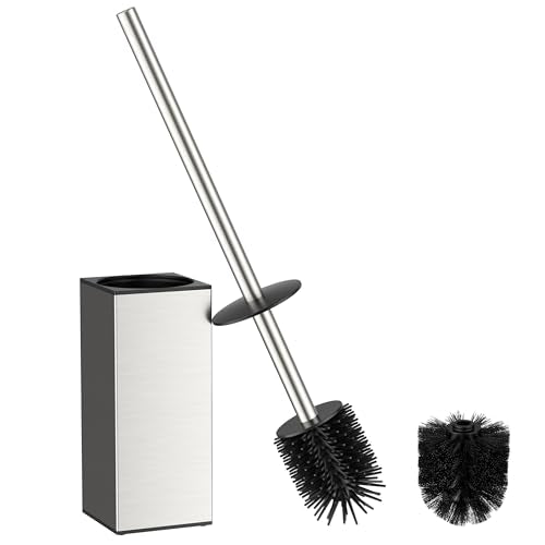 FORIOUS Toilet Brush and Holder Set, SUS304 Stainless Steel Square Base, Extended Long Handle, Drip-Proof & Space Saving, 2 Replaceable Brush Heads, Plastic & Silicone Dual Brush Head, Brushed Nickel - color: Brushed Nickel