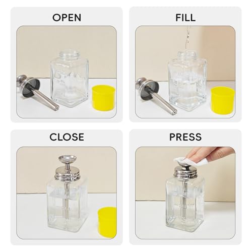 6oz / 180ml Glass Dispenser, Push Down Acetone Pump Alcohol Dispenser with Metal Cover, Nail Polish Remover Liquid Pump Square Bottle Hand Pumping Rubbing Press Container