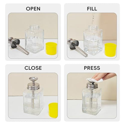 6oz / 180ml Glass Dispenser, Push Down Acetone Pump Alcohol Dispenser with Metal Cover, Nail Polish Remover Liquid Pump Square Bottle Hand Pumping Rubbing Press Container