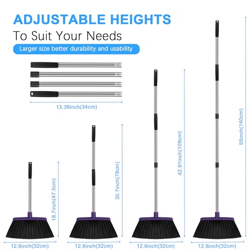 Heavy Duty Angle Broom, 55-Inch Long Handle Extra Wide 12.6 Inch Head, Stainless Steel Tube & PP Bristles for Pet Hair and Dust, Floor Safe - Black - color: Black