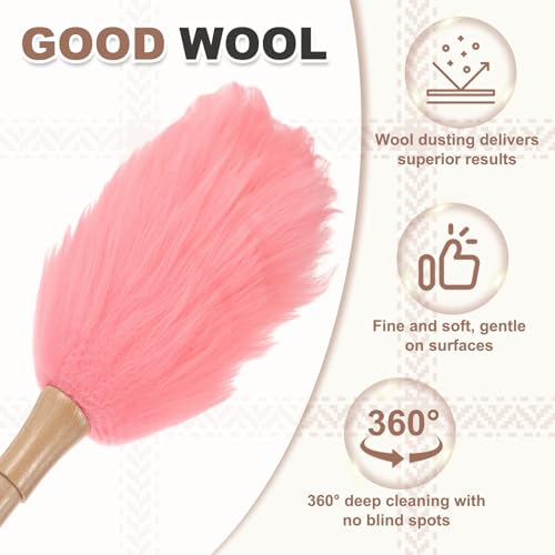 uxcell Wool Duster, 14.2" Natural Feather Cleaner Household Cleaning Duster with Solid Wooden Handle for Cleaning Fans Window Blinds Shelves Furniture, Pink - color: Pink, size: 14.2"