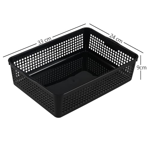 6 Pack A4 Size Shallow Plastic Storage Baskets, Black | Classroom Desktop Paper File Letter Organizer Basket Tray