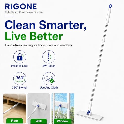 RIGONE Snap Grip Mop Kit, Hands-Free Flat Mop with One-Press Clip, 49" Wet Dry Floor Cleaner, Use Any Cloth, Towel or Rag, 34-Piece Set for Hardwood Tile Wall Window Home Cleaning