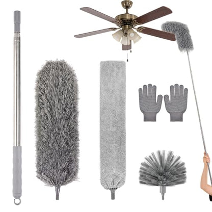 Cobweb Duster with Extension Pole, Washable Cleaning Microfiber Feather Duster 5-in-1 Kit with 3 Duster Heads, 100'' Bendable Extendable Long Duster for High Ceilings, Fans, Blinds, Furniture & Car - size: 5PCS: Cobweb Brush & Gap Duster & Gloves Set
