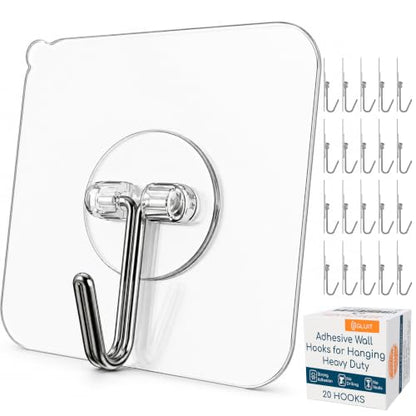 GLUIT Adhesive Wall Hooks for Hanging Heavy Duty 22 lbs Hooks for Walls No Drill, Towel Sticky Clear Hooks, Waterproof, Home, Bathroom, Kitchen, Office, and Outdoor 20 Pack - size: Medium, 20 pcs