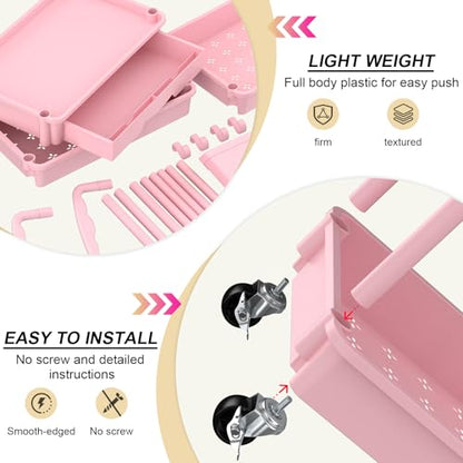 Goovilla 3 Tier Rolling Utility Cart Organizer with Removable Drawer, Stable and Sturdy Pink Rolling Storage Carts with 2 Lockable Wheels for Bathroom, Kitchen, Snack, Craft, Makeup, Baby Essentials - size: 3 Tier, style: Pink