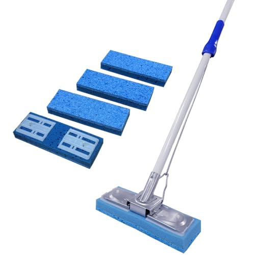 HOMEMAID® Cellulose Butterfly Sponge Mop Handle with 4 Sponge Heads (Made in USA) – Self-Wringing Absorbent Cellulose Butterfly Sponge Mop for Hardwood, Tile & Kitchen Floor Cleaning