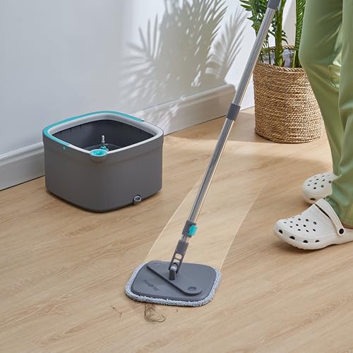Spin Mop and Bucket with Separate Compartments for Clean and Dirty Water NEW 2025 Upgraded Version w/Side Brush and Self Standing Handle, Smart Square Mop w/ 2 Machine Washable Microfiber Pads, Gray - color: Gray
