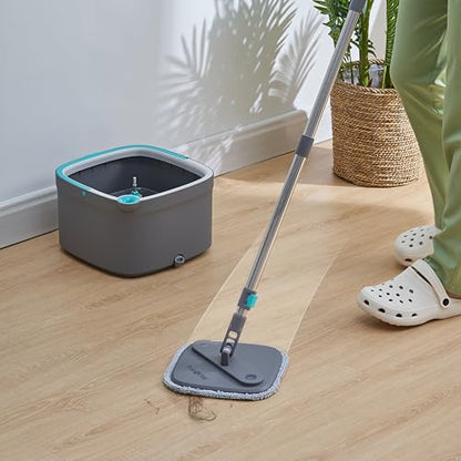 Spin Mop and Bucket with Separate Compartments for Clean and Dirty Water NEW 2025 Upgraded Version w/Side Brush and Self Standing Handle, Smart Square Mop w/ 2 Machine Washable Microfiber Pads, Gray - color: Gray
