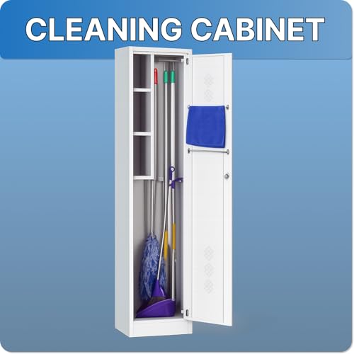 Metal Cleaning Cabinet with Lock – Broom Storage Cabinet with Tool Holders & Shelves – Slim Steel Utility Cabinet for Broom, Mop & Household Supplies – Grey
