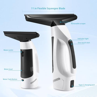 Window Vacuum Squeegee Cordless, Handheld Window Vac with Multi-Purpose Spray Bottle & Microfiber Cloth, Electric Cleaning Tool for Windows, Mirror, Countertop