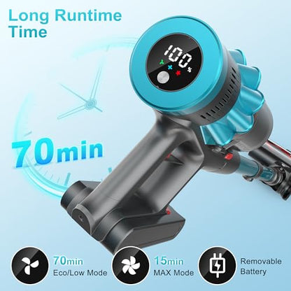 Cordless Vacuum Cleaner, 55Kpa 70Mins Stick Vacuum for Home with LED Display and Self-Standing, Vacuum with Anti-Tangle Brush&Wall Mount Charging, Vacuum Cleaners for Pet Hair/Carpets/Floors