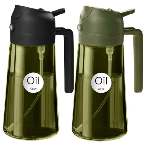 YARRAMATE 2Pcs 16oz/470ml Dark Green Oil Sprayer for Cooking with Stickers, Food-grade Premium 2 in 1 Olive Oil Dispenser Bottle for Kitchen Gadgets, Air Fryer, Salad, Frying, BBQ (Black&OliveGreen) - color: 18_2Pcs Black&OliveGreen