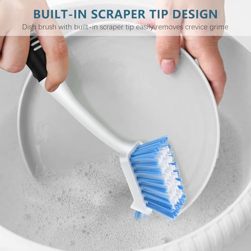 SetSail Dish Brush Set of 3 with Bottle Brush, Dish Scrub Brush with Long Handle Deep Cleaning Handle Brush with Scraper Tip for Kitchen Sink Dishes Bottle Cup Pot and Pans Tile Lines, Black Blue - color: Black Blue