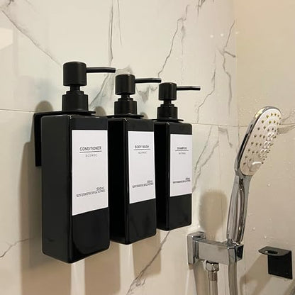Shampoo Dispenser for Shower Wall, Shampoo and Conditioner Dispenser with 16 Waterproof Labels, No Drill Shower Soap Dispenser Bathroom, Shower Soap Dispenser Wall Mounted 3 Chamber, 17oz,Black - color: Black Bottle + Black Pump